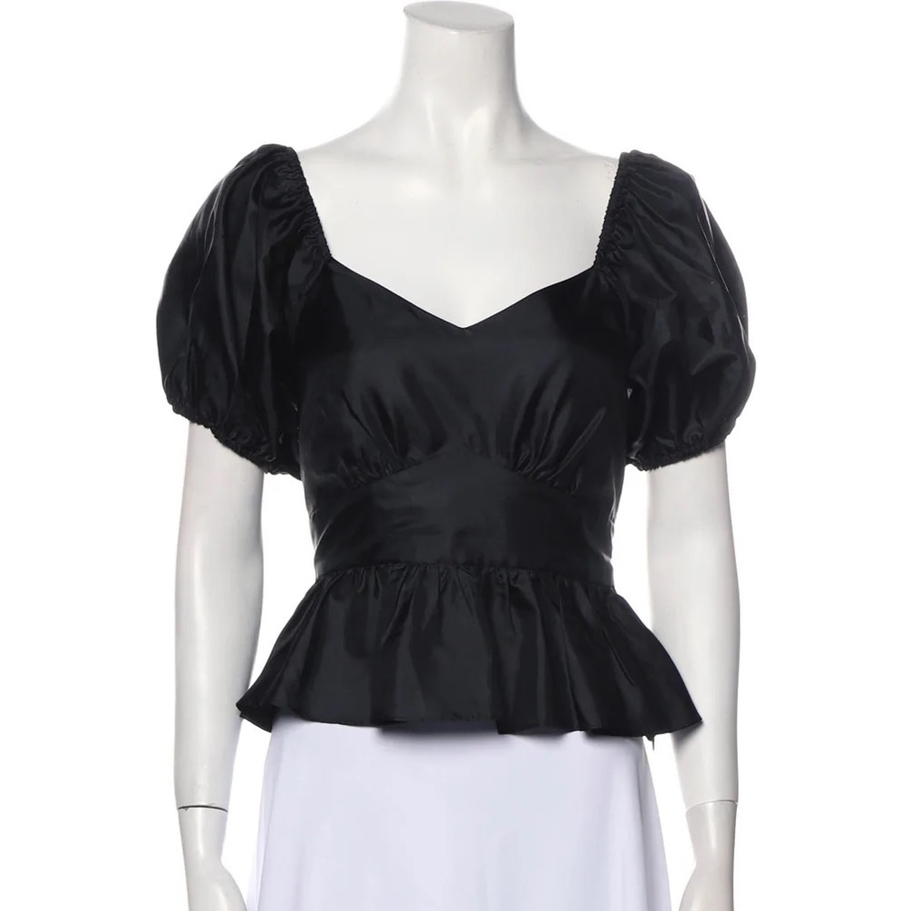 LoveShackFancy Women's Black Delray Cropped Gathered Taffeta Peplum Top